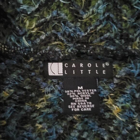 Carole Little Fuzzy Fringe Knit Blazer Jacket M Green Blue Shawl Collar Wool - Picture 4 of 5